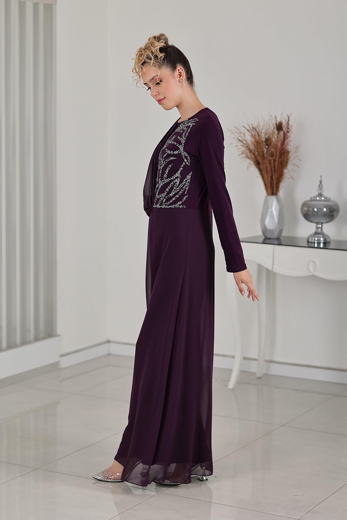 Taş Detay Şifon Zeren Tesettür Tulum Mürdüm - FioraofDress - tesettur - abiye - 48 - hijab - evening - dress