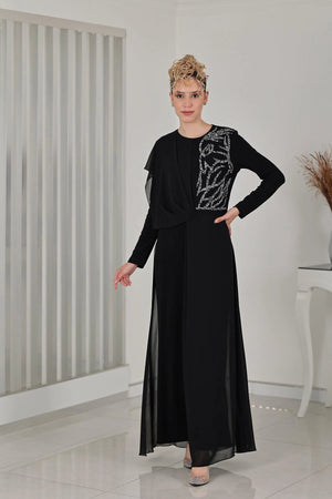 Taş Detay Şifon Zeren Tesettür Tulum Siyah - FioraofDress - tesettur - abiye - 48 - hijab - evening - dress