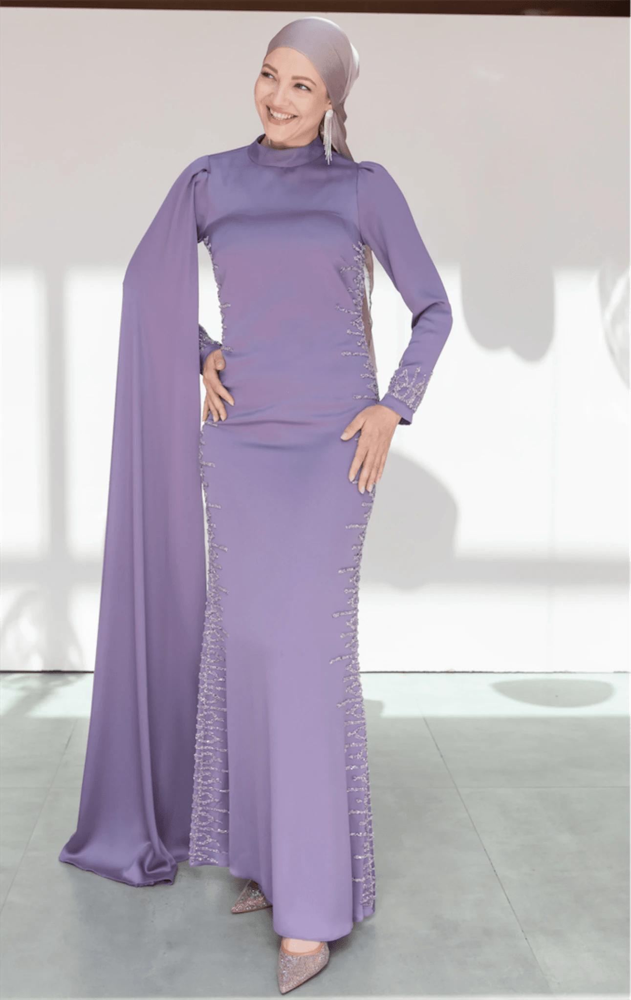 Tek Omuz Pelerinli Tesettür Abiye - FioraofDress - tesettur - abiye - 46 - LİLAA - hijab - evening - dress