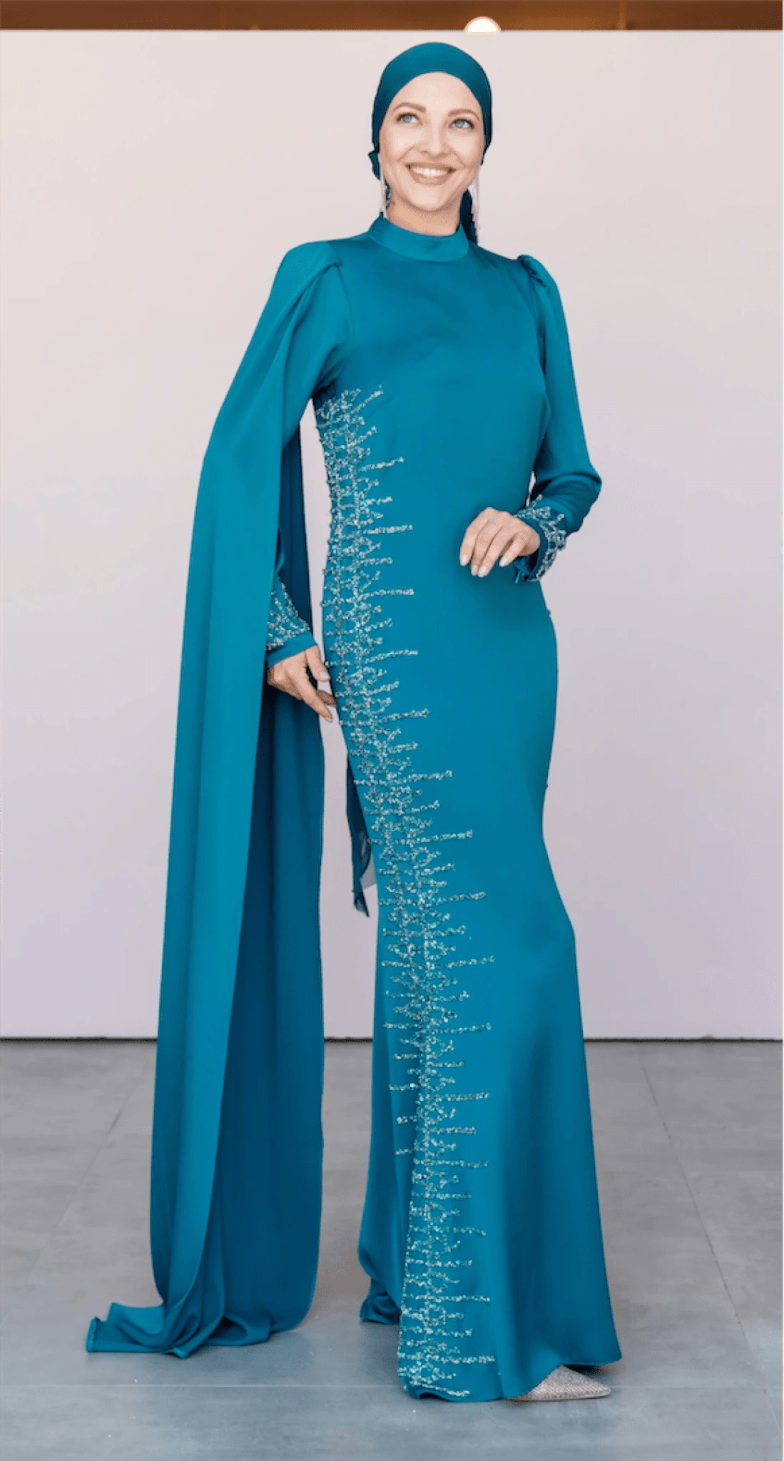 Tek Omuz Pelerinli Tesettür Abiye - FioraofDress - tesettur - abiye - 46 - PETROL - hijab - evening - dress